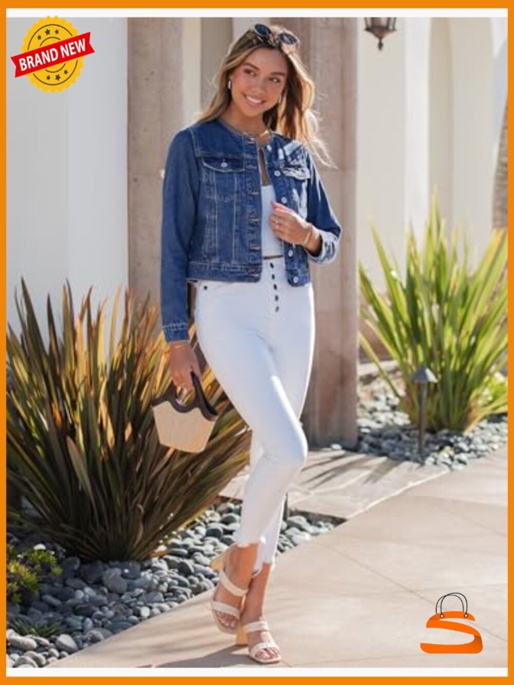 Collarless Button Down Denim Jacket Casual Western Long Sleeve Jacket - Picture 5 of 7